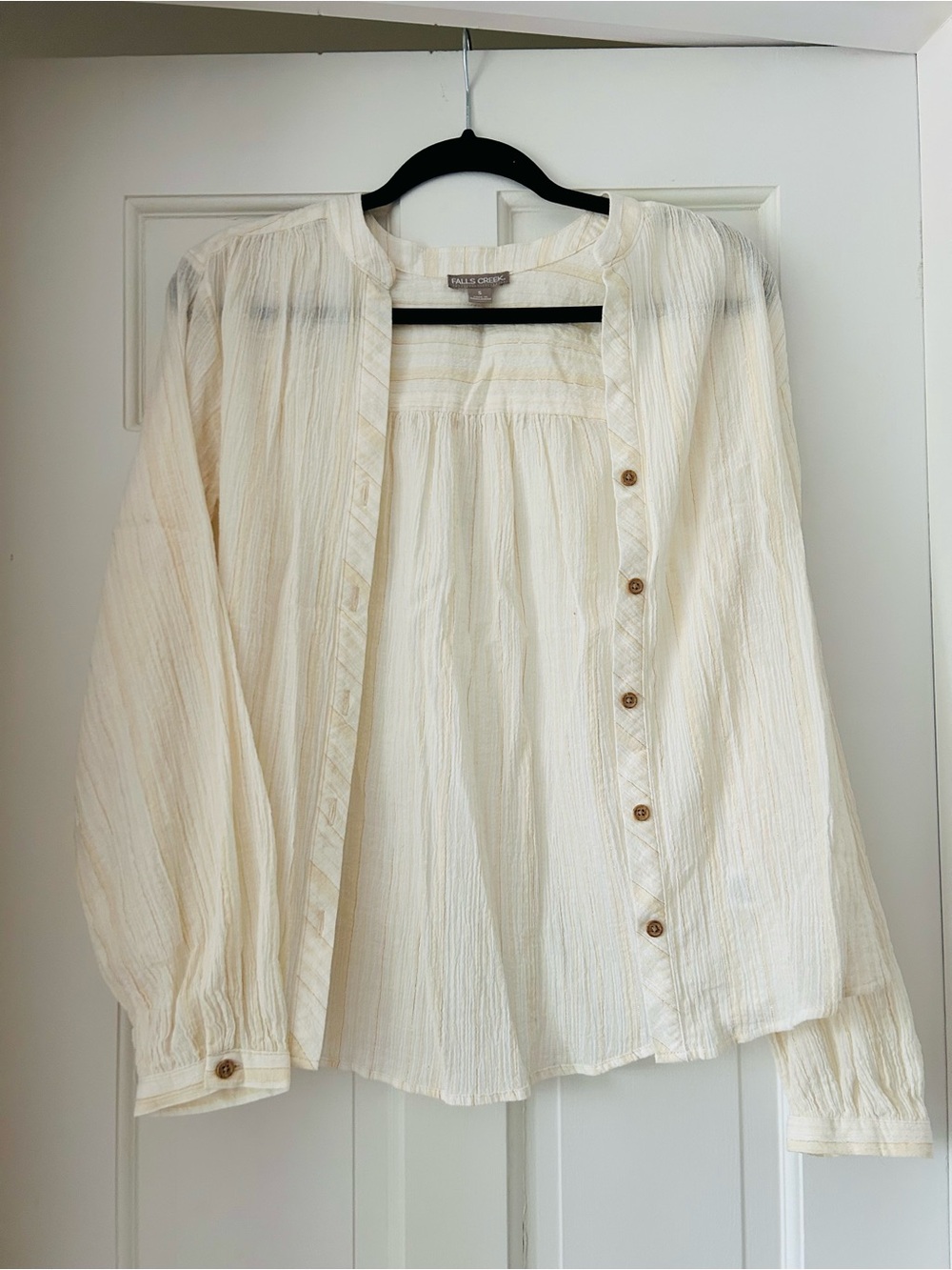 Falls Creek Soft Cream and Gold Button-Front Peasant Blouse - Picture 2 of 7